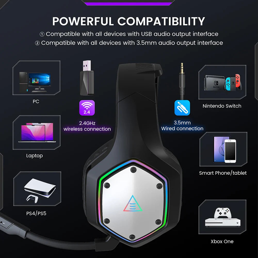 Gaming headset with RGB lighting and a hexagonal logo on the ear cup.