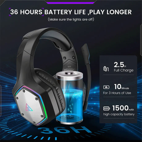 Gaming headset with RGB lighting and a long battery life of 36 hours.