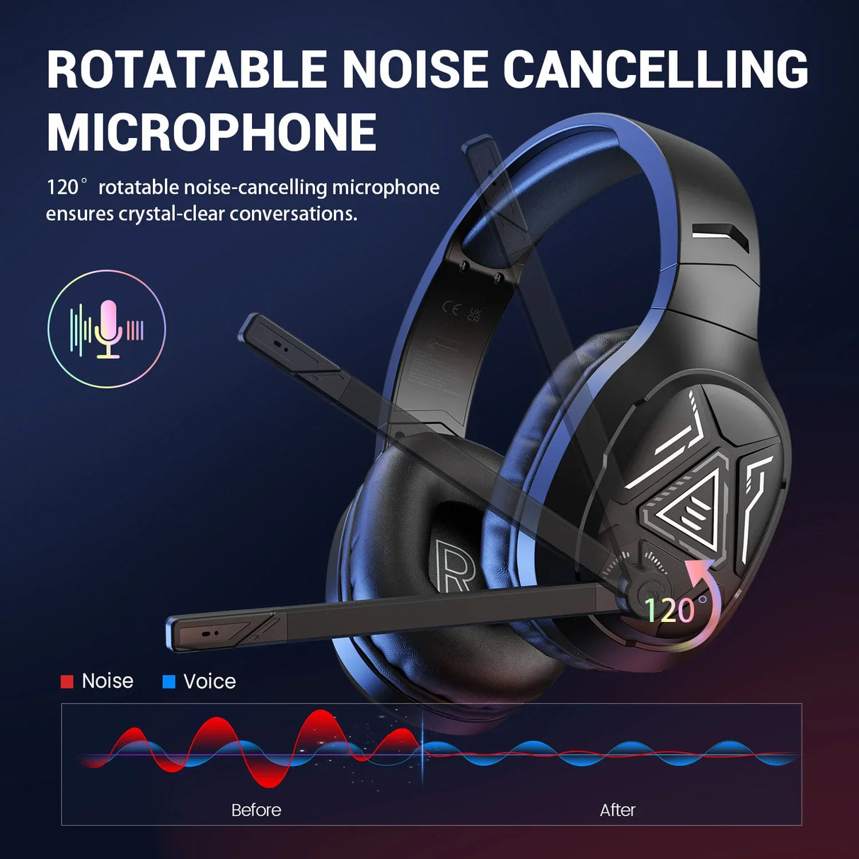 Gaming headset with a rotatable noise-cancelling microphone and blue accents.