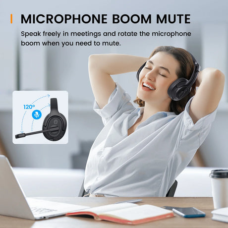 Headset with a rotatable microphone boom for muting during online meetings.