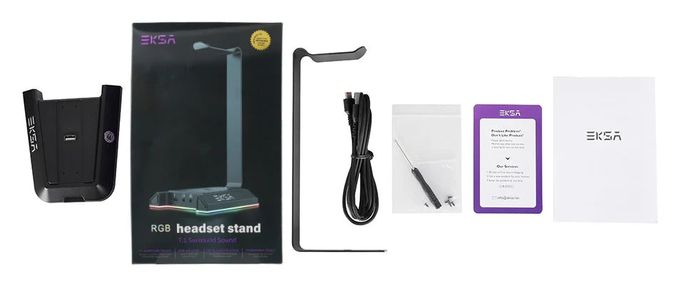 Headset stand with accompanying accessories and packaging.