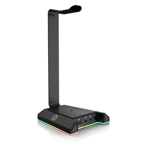 Gaming headset stand with RGB lighting and USB ports.