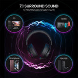 Gaming headset surrounded by colorful sound wave graphics and icons representing compatible devices.