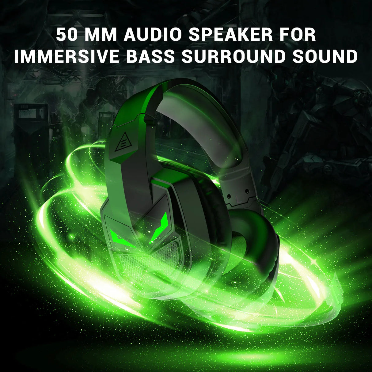 Gaming headset surrounded by vibrant green energy effects.