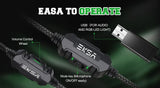 Gaming headset with USB connection and inline controls for volume and microphone.