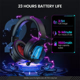 Gaming headset with vibrant blue and purple lighting effects.