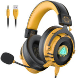 Gaming headset with yellow and black color scheme featuring a detachable microphone and illuminated logo.