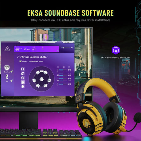 Gaming headset with yellow and black color scheme featuring a microphone.