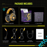 Gaming headset with yellow and black color scheme featuring a detachable microphone.