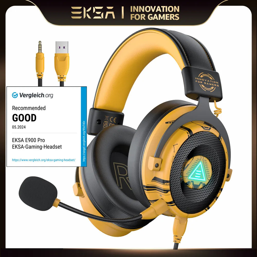 Gaming headset with yellow and black color scheme featuring a detachable microphone.