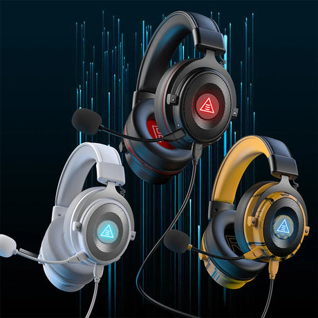 Gaming headsets in black, white, and gold colors with illuminated logos.