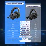 Gaming headsets with comparison chart showing features of two models: E5000 Pro and E5000.