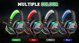 Gaming headsets in four different color options: green, red, gray, and blue.