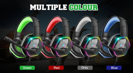 Gaming headsets in four different color options: green, red, gray, and blue.