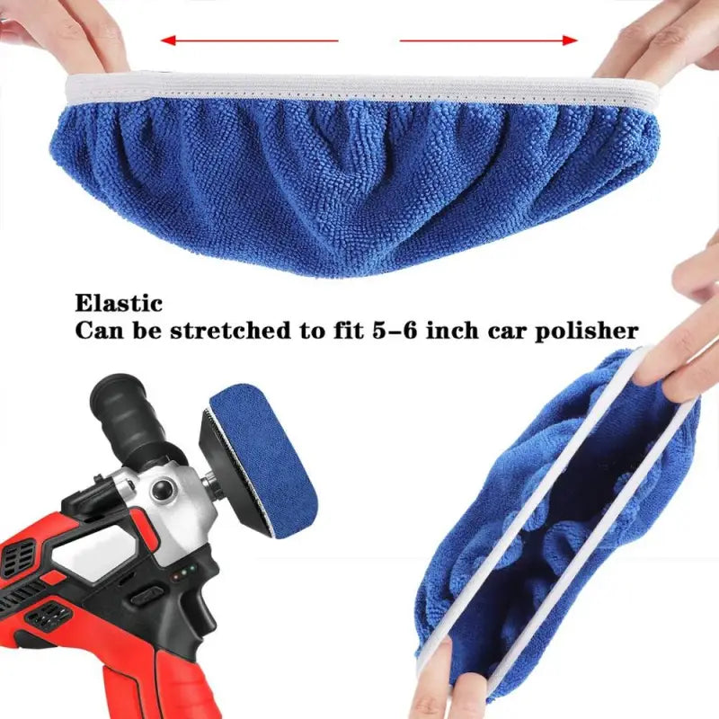 a close up of a person holding a blue towel and a tool