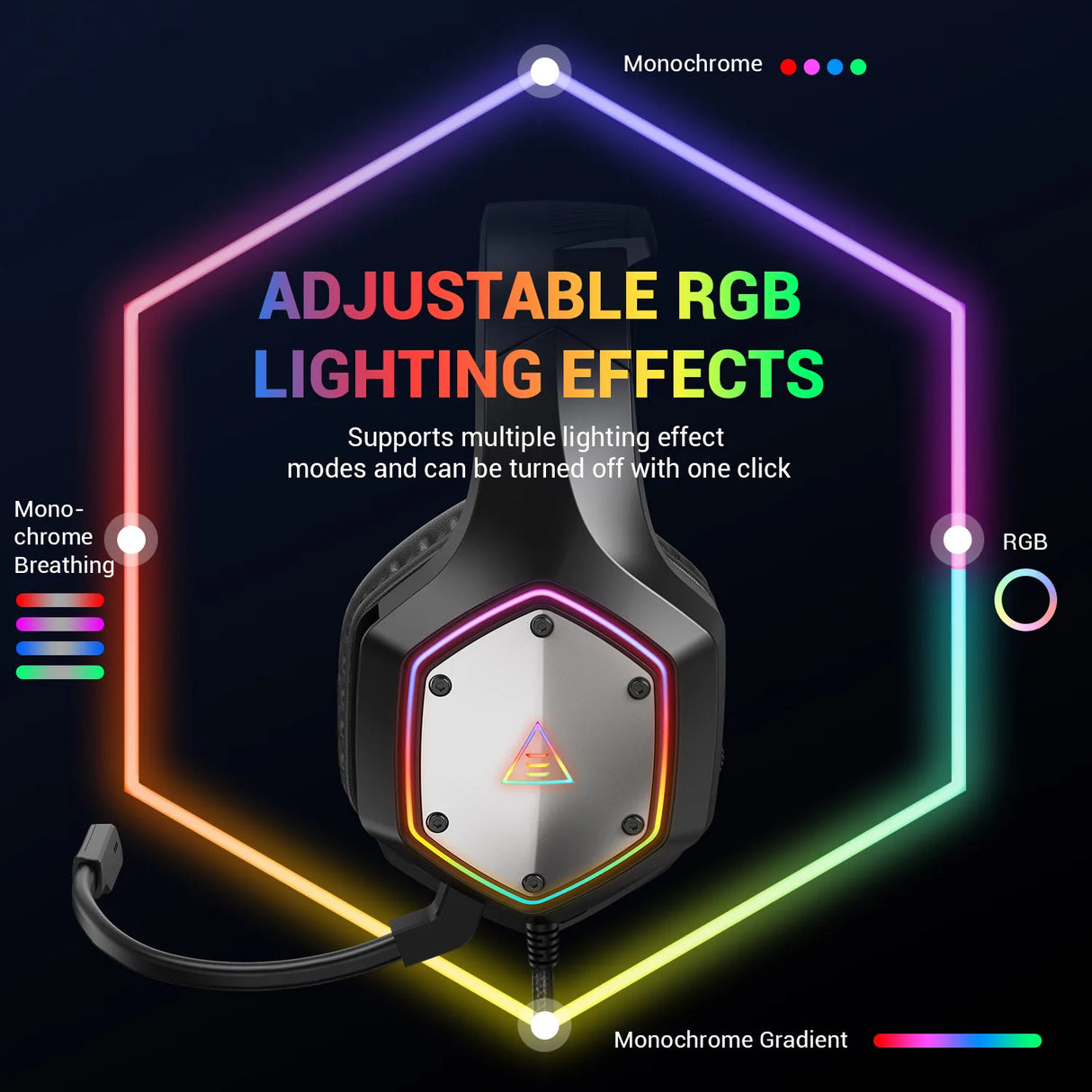 Hexagonal device with RGB lighting effects and adjustable color modes.