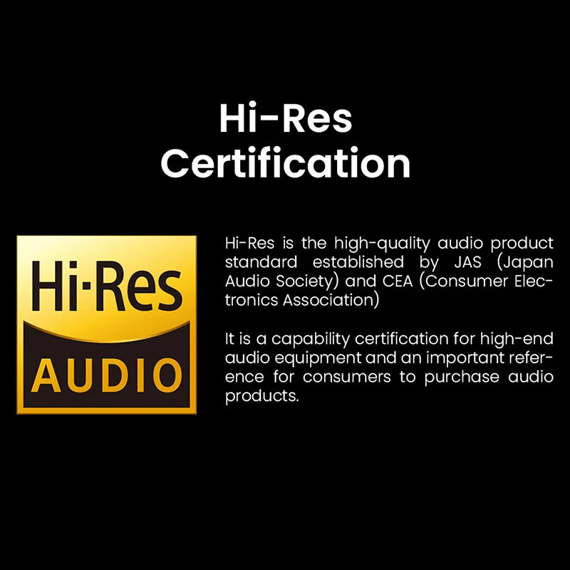 Hi-Res Audio certification logo and explanatory text about high-quality audio standards.