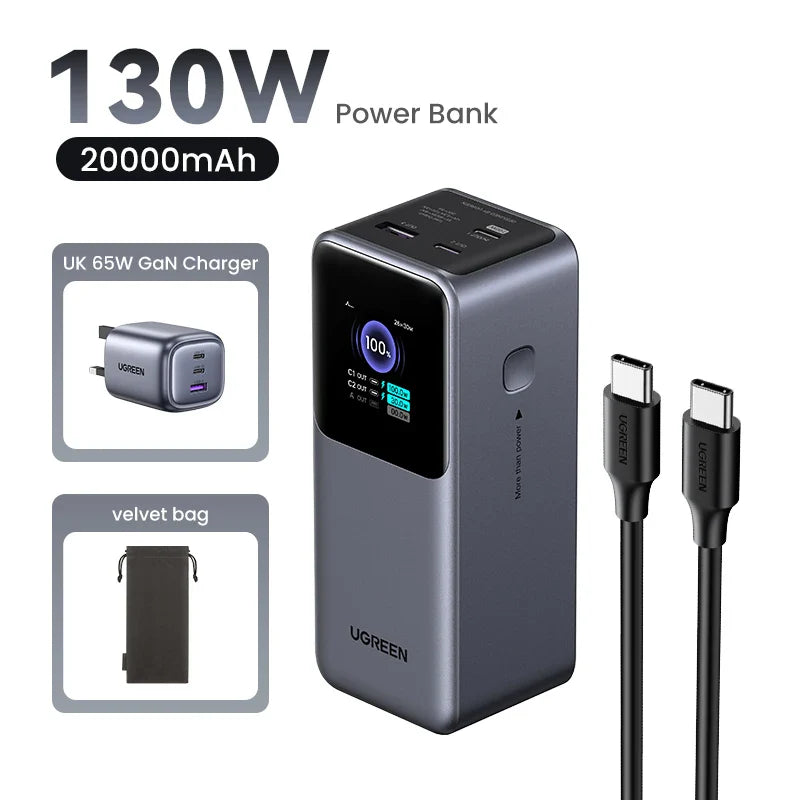 High-capacity 130W power bank with a digital display and multiple charging ports.