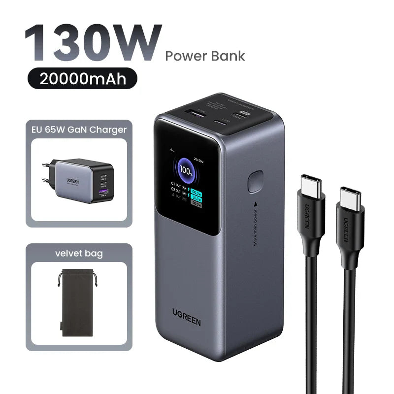 High-capacity 130W power bank with digital display and USB-C ports.