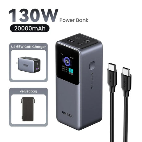 High-capacity 130W power bank with a digital display and USB-C ports.