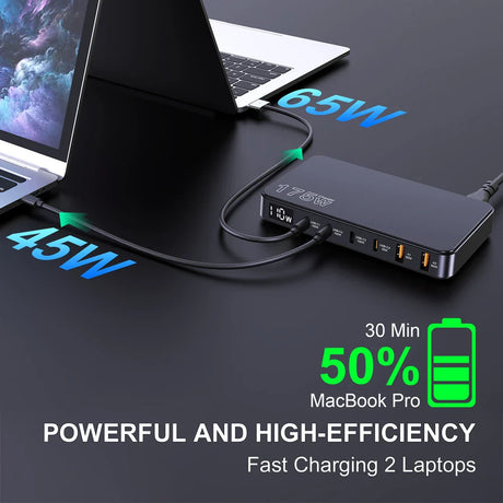 High-efficiency laptop charging station with multiple ports and power output display.