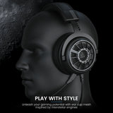 High-end gaming headphones with an intricate circular design on the ear cups.