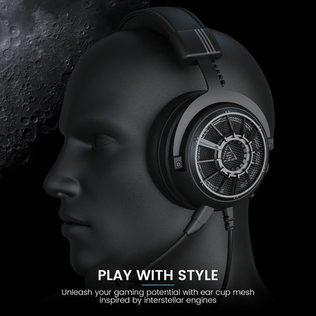 High-end gaming headphones with an intricate circular design on the ear cups.