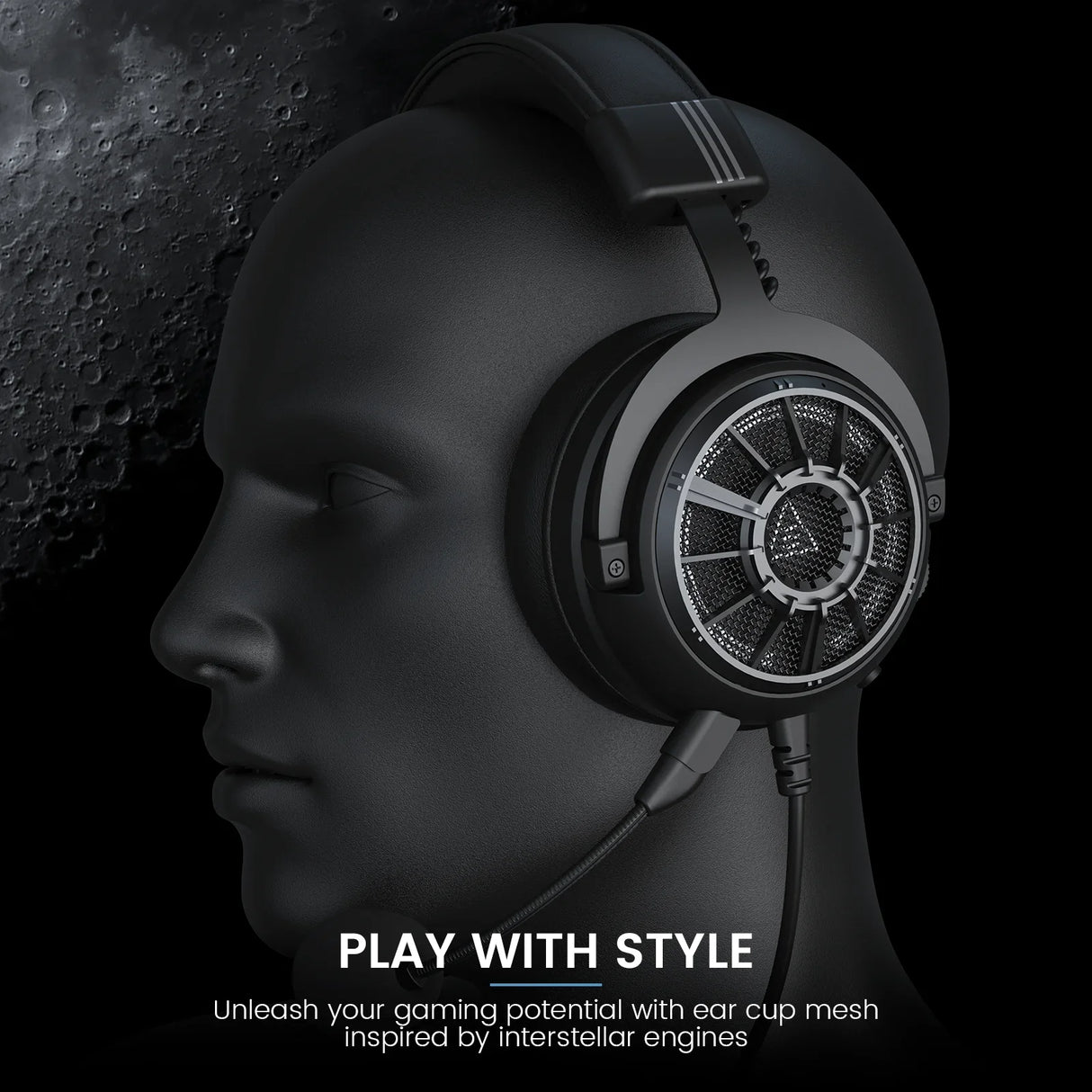 High-end gaming headphones with a sleek black design and intricate circular earcup pattern.