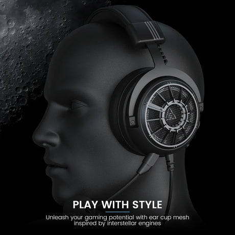 High-end gaming headphones with a sleek black design and intricate circular earcup pattern.