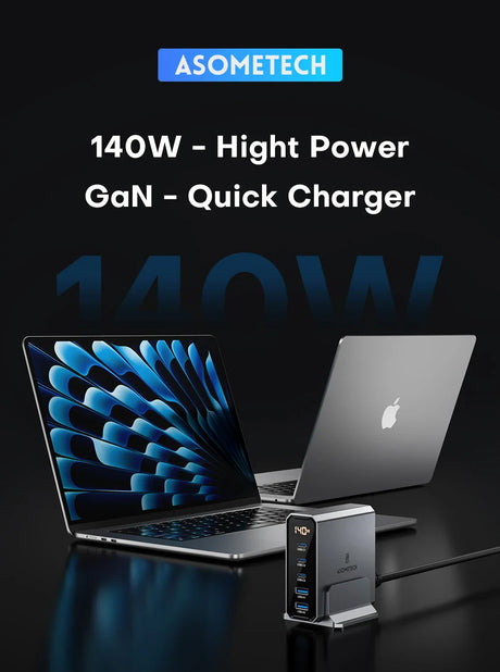 High-power 140W GaN quick charger for laptops and devices, shown connected to two laptops.