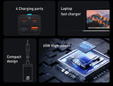 High-power 65W charging device with multiple ports for laptops and other devices.