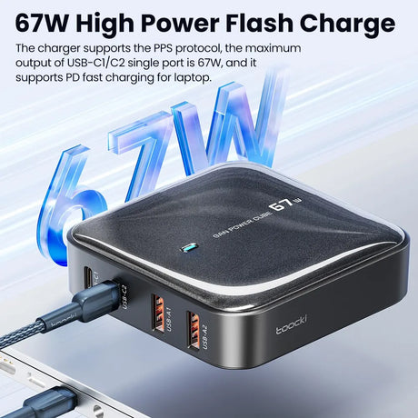 High-power 67W USB charger with multiple ports for fast charging devices.