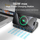 High-power charging station with multiple USB ports and wireless charging capability for various devices.