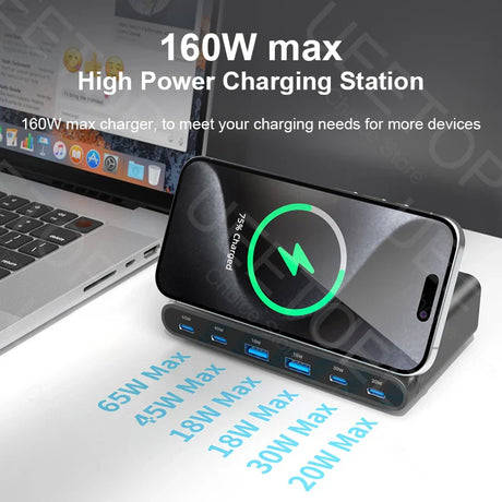 High-power charging station with multiple USB ports and wireless charging capability for various devices.