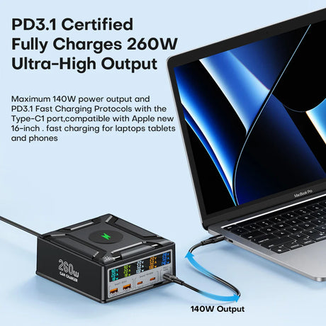 High-powered charging device with multiple ports and a digital display connected to a laptop.