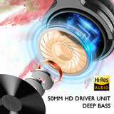 High-resolution audio driver unit with a 50mm HD driver and deep bass capabilities.