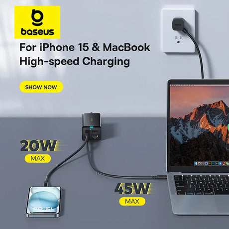 High-speed charging adapter for iPhone 15 and MacBook, capable of 20W and 45W charging respectively.