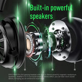 High-tech headphones with exposed internal components and green illumination highlighting the speaker elements.