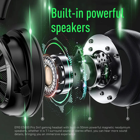 High-tech headphones with exposed internal components and green illumination highlighting the speaker elements.