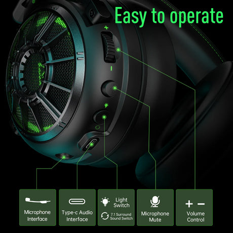 High-tech gaming headset with glowing green accents and multiple control features.