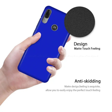 the back of a blue iphone case with a hand holding it