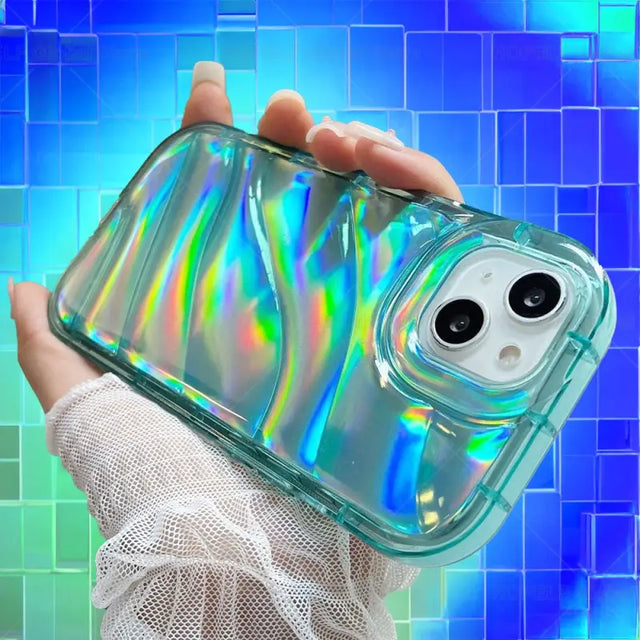 someone holding a clear case with a holographic design on it