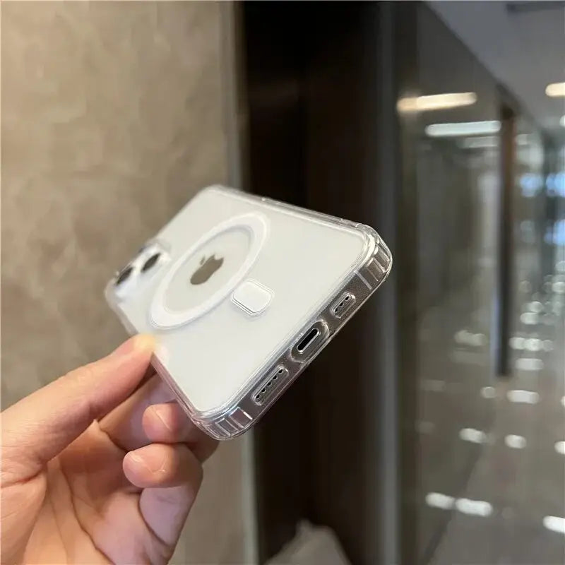 a hand holding a clear case with a white phone in it