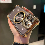 someone holding a gold case with a camera on it