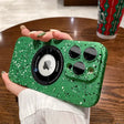 a person holding a green iphone case