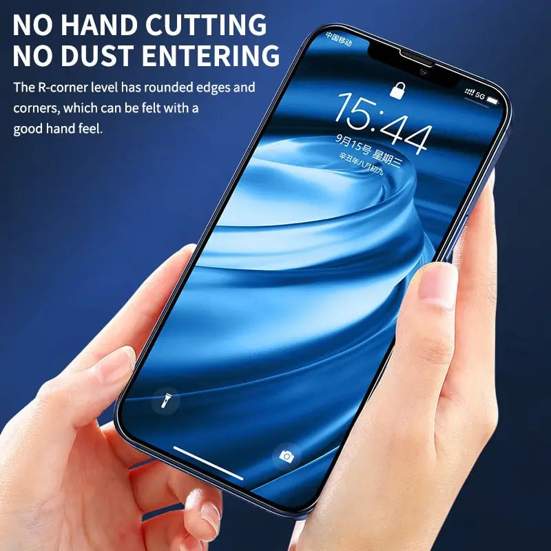 a hand holding a smartphone with the text no touching