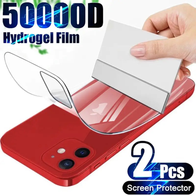 a hand holding a red phone with a card