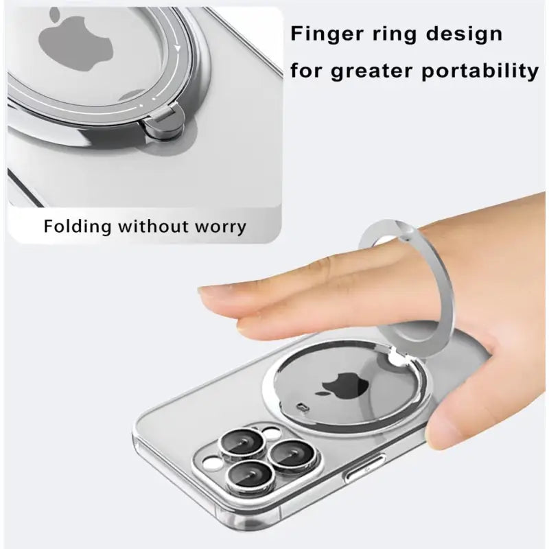 a hand holding a phone with a ring on it