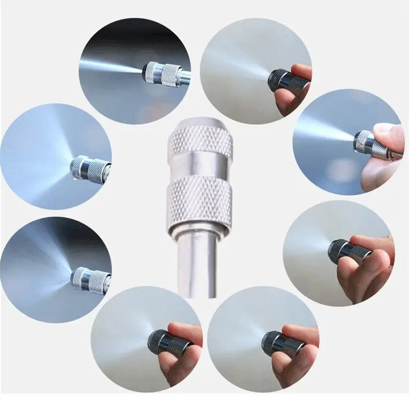 a hand holding a metal pipe with six different images