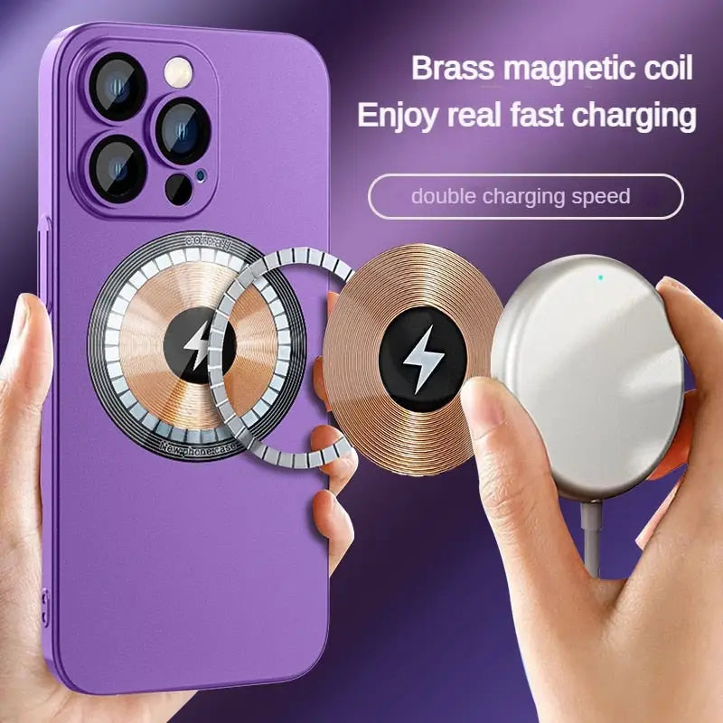 someone holding a purple phone with a metal ring attached to it